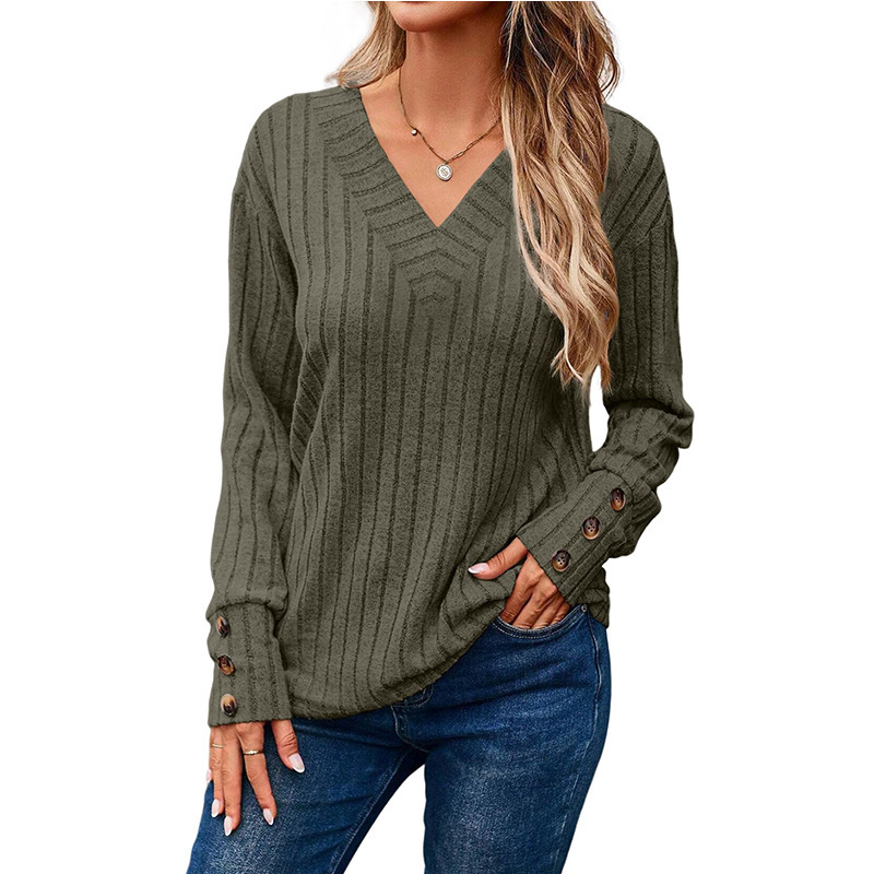 Women's Long Sleeve V-neck Shirt Solid Color Buttons
