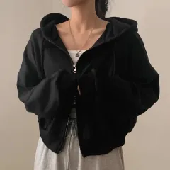 Women's Hoodie With Double Zipper, Fleece-lined, Waist-cinching, Loose-fit, Short Length - Y33 Black Velvet Version - View 1