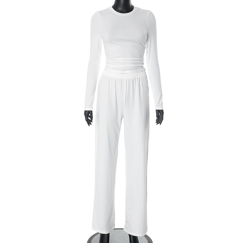 European And American Solid Color Long sleeved Top Wide Leg Pants Suit Women White - Shop at LoveMi