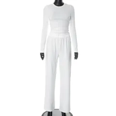 European And American Solid Color Long-sleeved Top Wide Leg Pants Suit Women - White - View 1