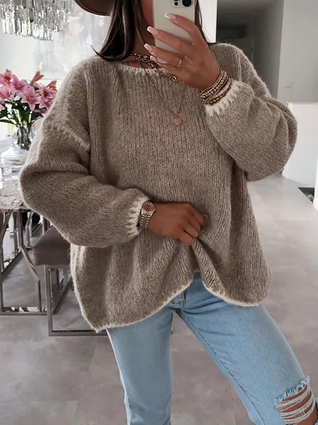 Women's Pullover Long Sleeve Casual Sweater Khaki - Shop at LoveMi