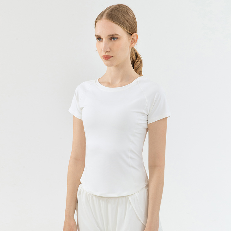 Mesh Stitching Yoga Short sleeved Sports T shirt Women's Round Neck Top White - Shop at LoveMi