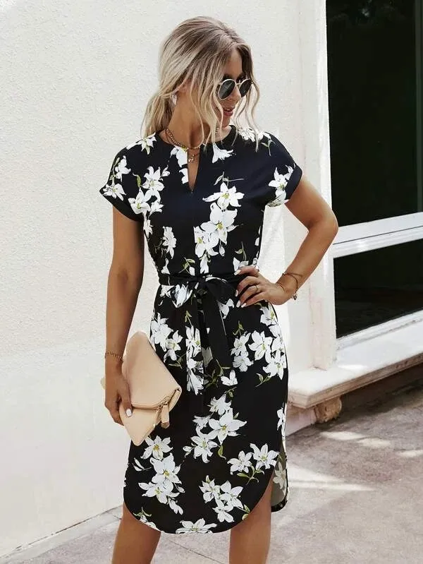 Printed Lace up Side Split Female Dress Black - Shop at LoveMi