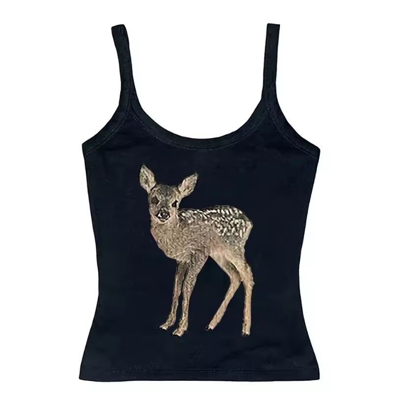 Women's Retro Easy Matching Deer Printed Lace Top Shorts Black Camisole 1 - Shop at LoveMi
