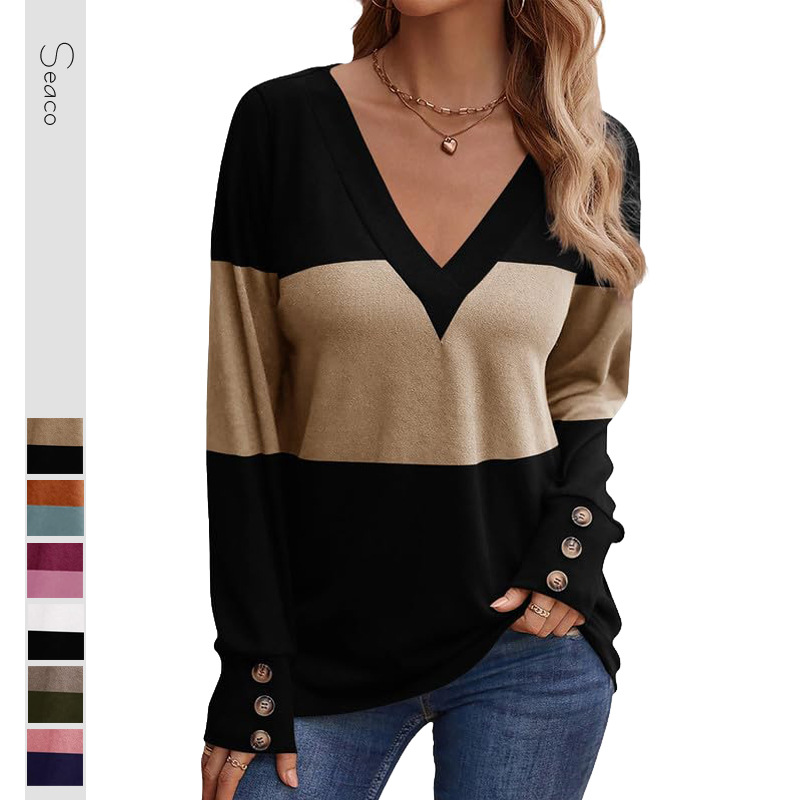 Color Block Stitching Fastener Decoration Casual V-neck Top