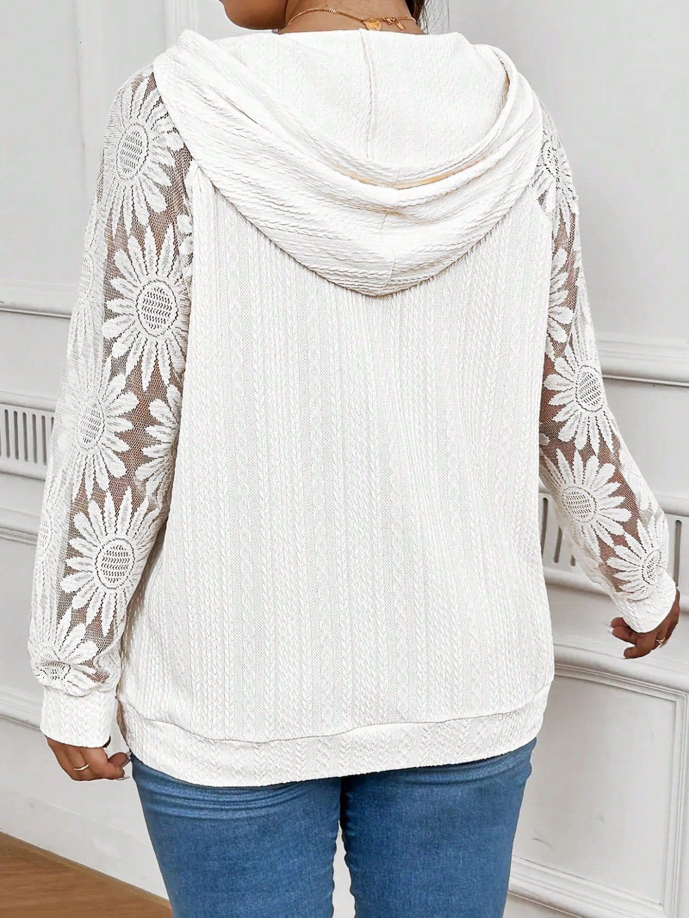 Women's hollow-out lace pullover in white – long sleeve boho style front view