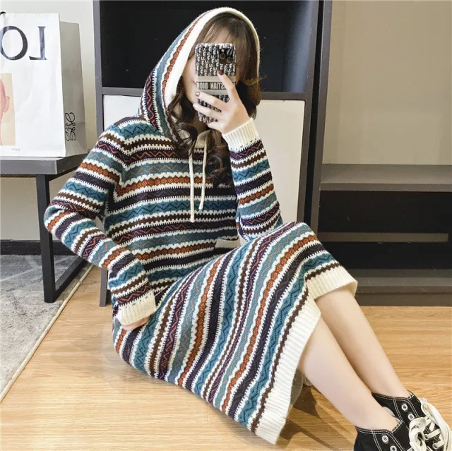 Mid length Retro Ethnic style Striped Knit Dress Beige - Shop at LoveMi