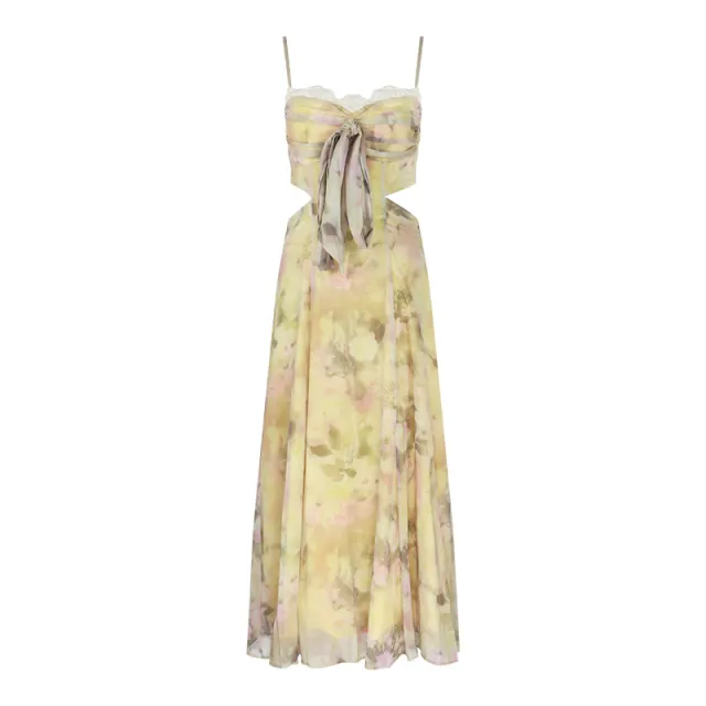 Lace Stitching Strap Printing Sling Slim Fit Holiday Dress Picture Color M - Shop at LoveMi