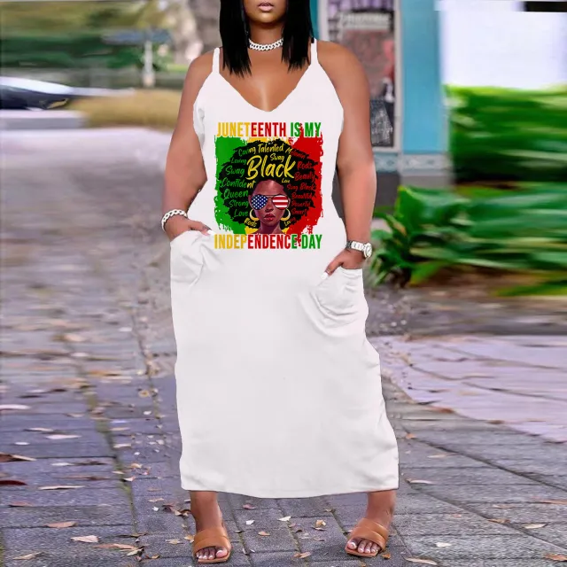 European And American Sexy V neck Loose Slim Strap Midi Plus Size Printed Dress White Green Red Head - Shop at LoveMi