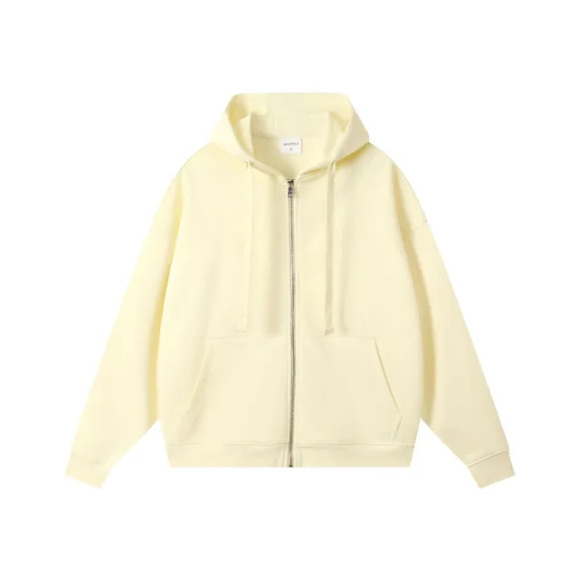 Loose Drop shoulder Combed Cotton Hooded Zipper Sweatshirt Apricot - Shop at LoveMi
