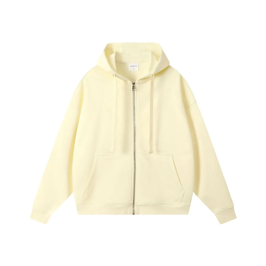 Loose Drop-shoulder Combed Cotton Hooded Zipper Sweatshirt - Apricot