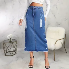 European And American Style Women Split Irregular Ripped Denim Skirt - Dark Blue - View 1