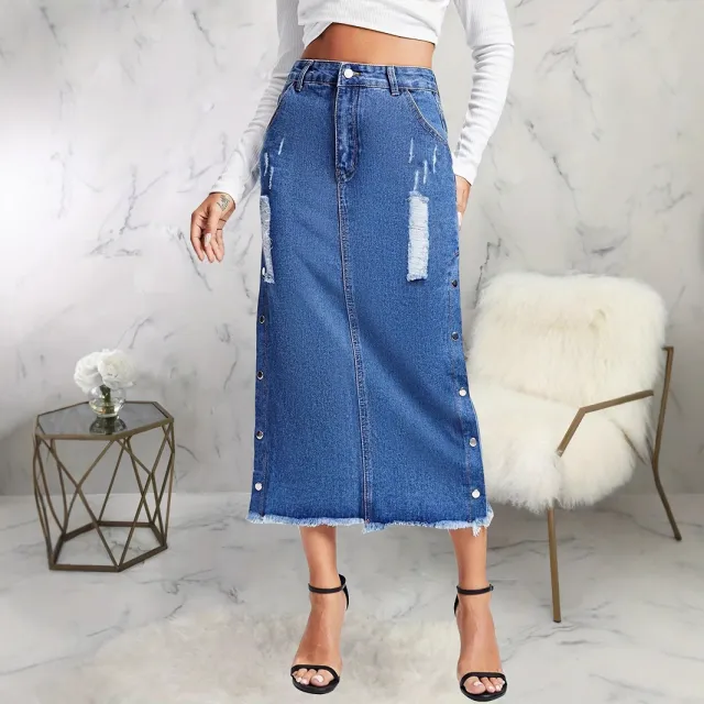 European And American Style Women Split Irregular Ripped Denim Skirt Dark Blue - Shop at LoveMi