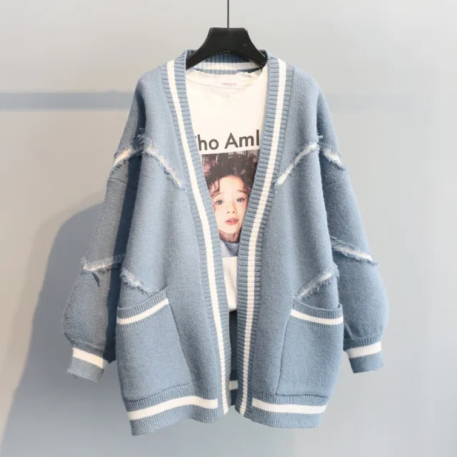 Women's Loose Letter Thick Knit Cardigan Sweater Coat Blue - Shop at LoveMi