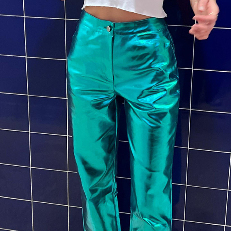 European And American Leisure Silver PU Leather Female Bell-bottom Pants