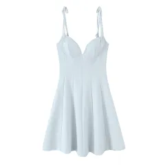 Bowknot Trim Short Sling Dress - Light Blue - View 1