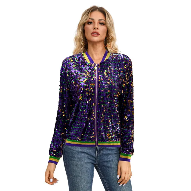 Women's Fashion Long Sleeve Sequined Trendy Baseball Uniform Jacket Cardigan Jacket Purple - Shop at LoveMi