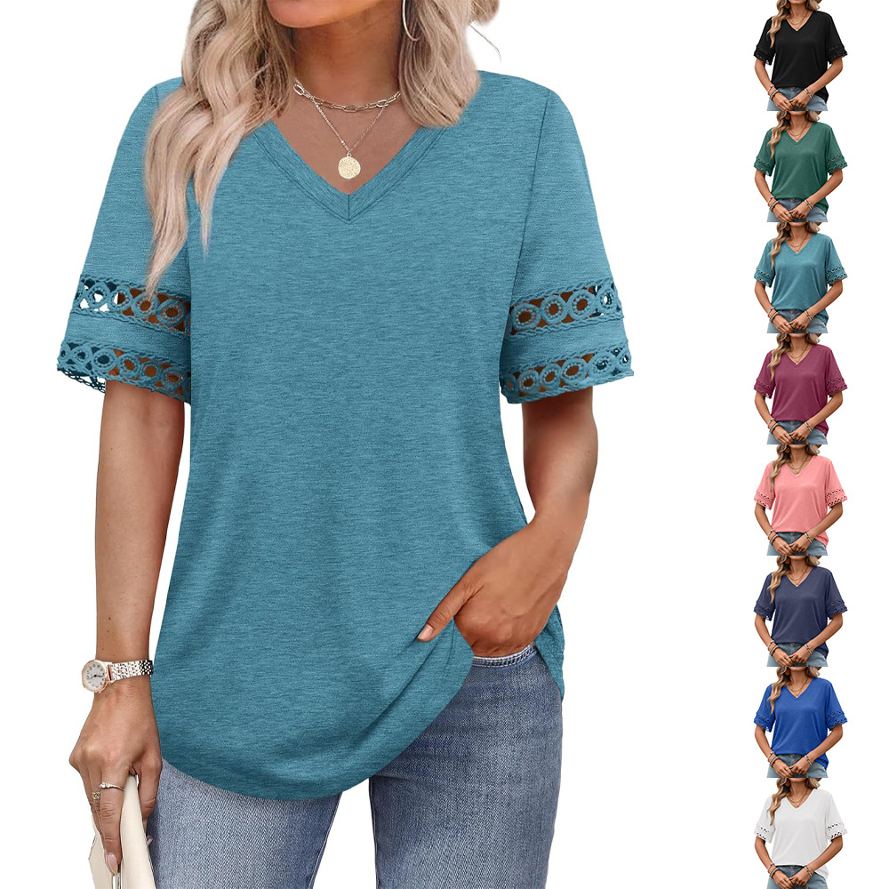 Solid-color V-neck Lace-panel Short-sleeve Loose-fitting Top For Women
