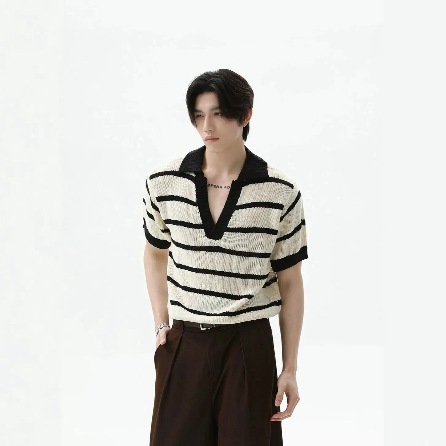 Casual Striped Color-Block V-Neck Mens Top