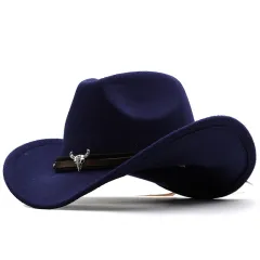 Metal Bull Head Label Western Denim Top Woolen Fedora Hat - 8 Navy Blue - View 1