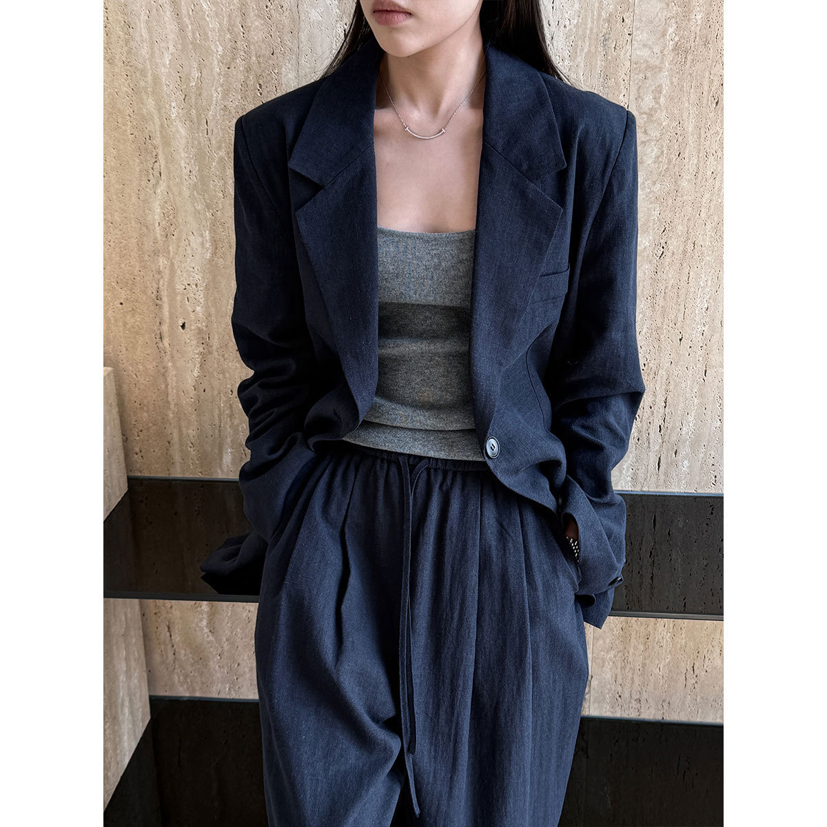 Sophisticated Look Tencel Linen Blazer And Pants Suit For Women