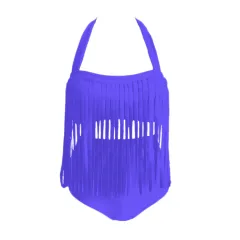 Sexy Tassel Solid Color High Waist Bikini Conservative Split Swimsuit - Purple - View 1