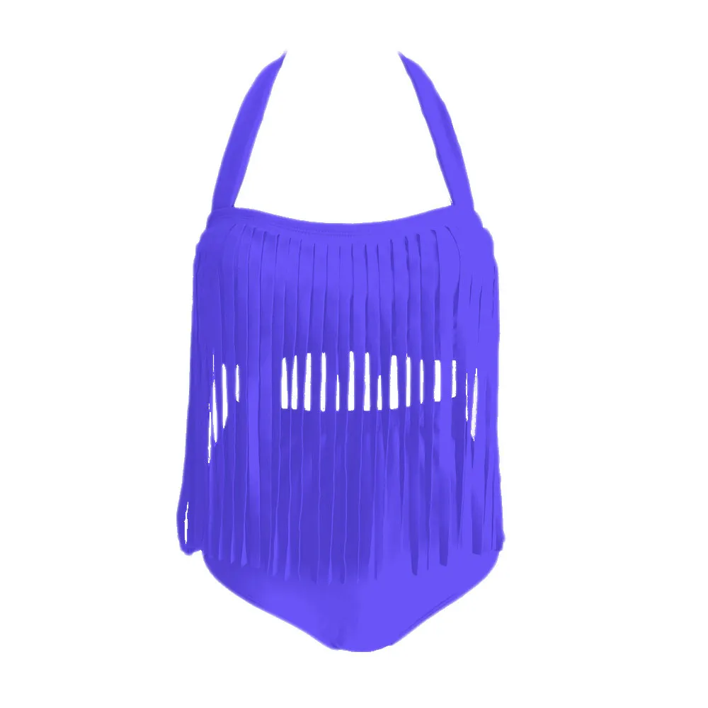 Sexy Tassel Solid Color High Waist Bikini Conservative Split Swimsuit - Purple