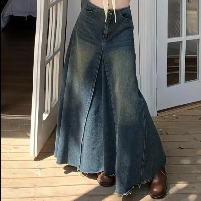 Retro Blue High Waist Slit Denim Skirt For Women Retro Blue - Shop at LoveMi