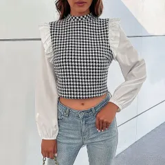 Women's Mid-collar Houndstooth Short - Black And White - View 1