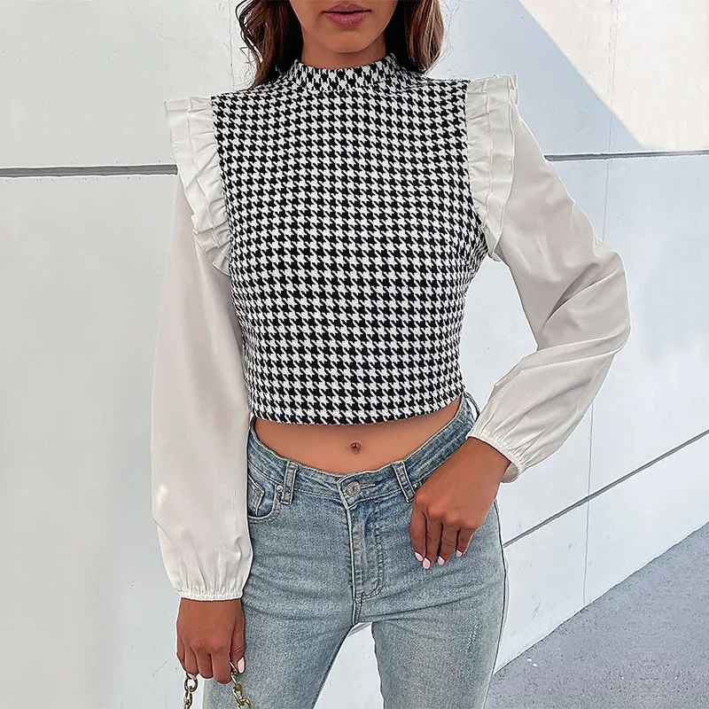 Women's Mid-collar Houndstooth Short - Black And White
