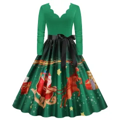 V-neck Long Sleeve Stitching Printing Retro Wide Hem Skirt - 9652 Style - View 1