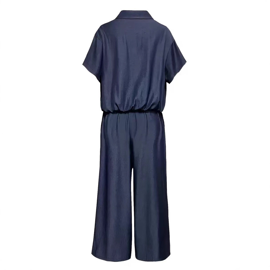 Womens Fashionable Loose Casual Solid-Color Two-Piece Set Short-Sleeve Top And Wide-Leg Long Pants 3