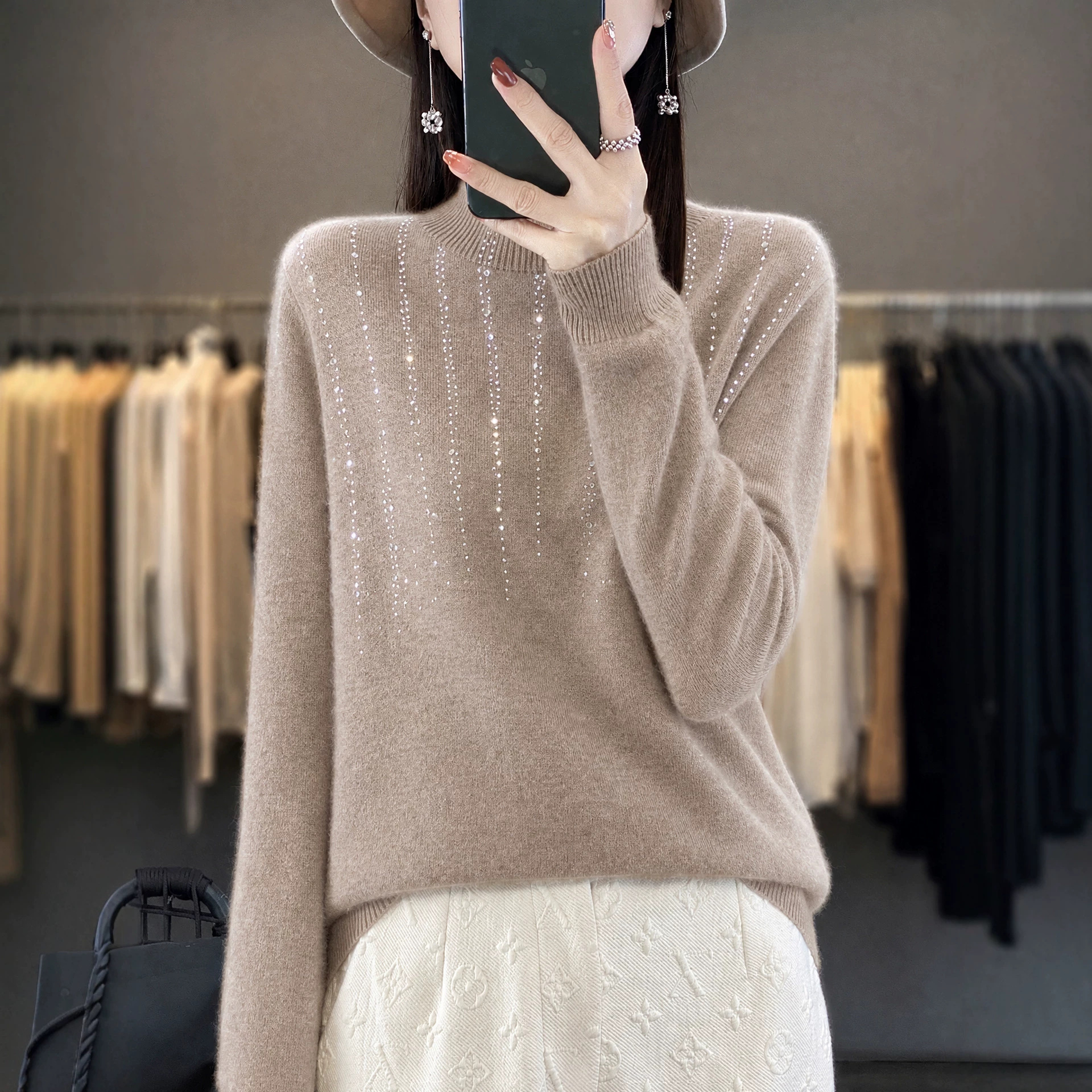 Women's Versatile Rhinestone-embellished Mock-neck Sweater