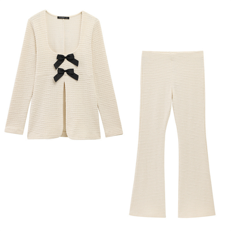 Bowknot Long-sleeved Top Bell-bottom Pants Long Pants Suit