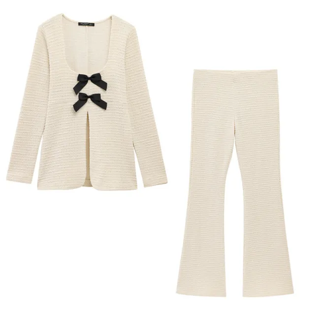 Bowknot Long sleeved Top Bell bottom Pants Long Pants Suit Set - Shop at LoveMi