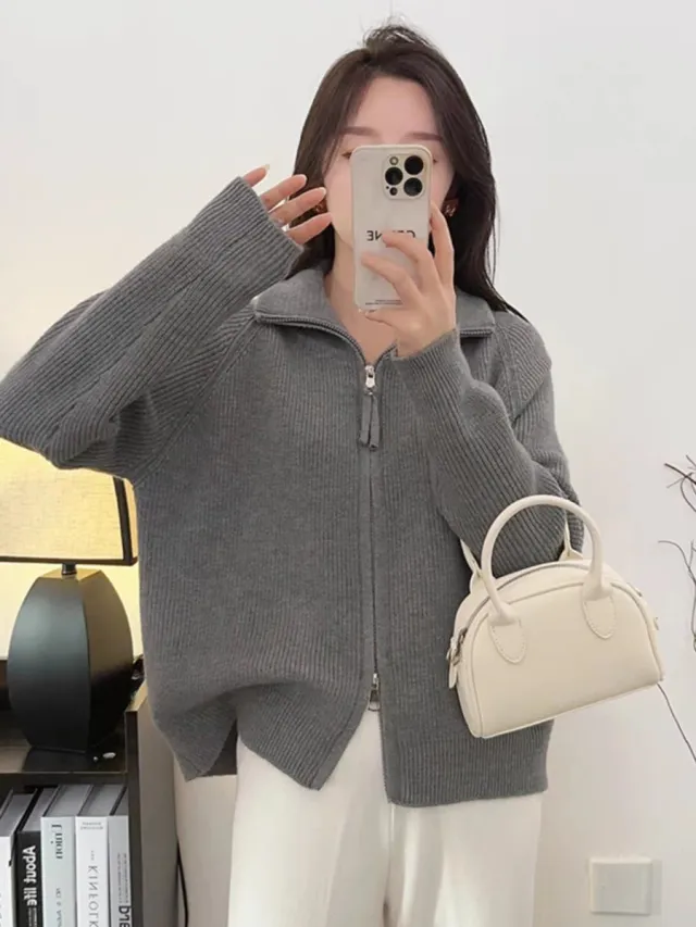 Spring Concise Idle Style Soft Glutinous Coat Thermal Knitting Coat Gray - Shop at LoveMi