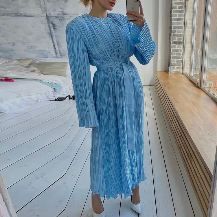 Long Sleeve Belt Pleated Dress