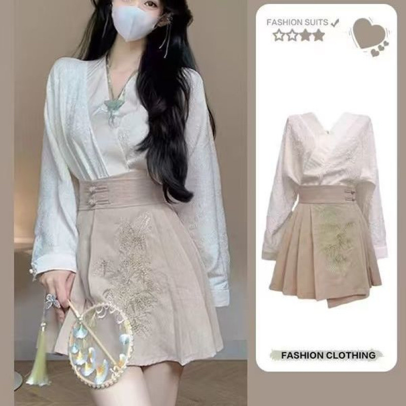 Chinese Style Traditional Chinese Knot Button Top Pleated Horse-face Skirt Two-piece Set