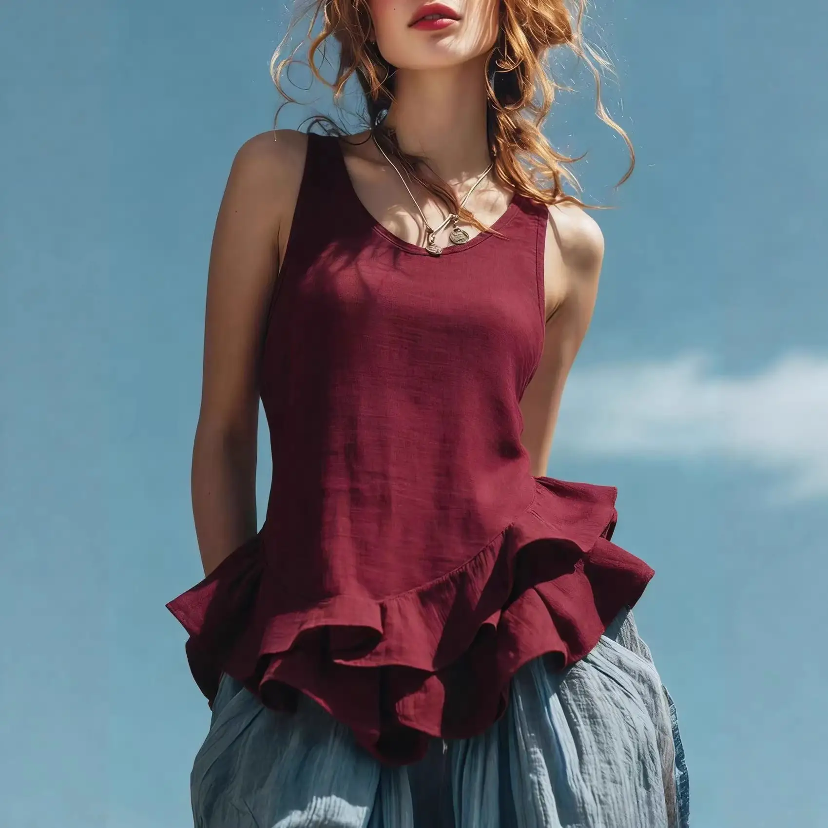 Casual Fashion Sleeveless Top With A Ruffled Hem