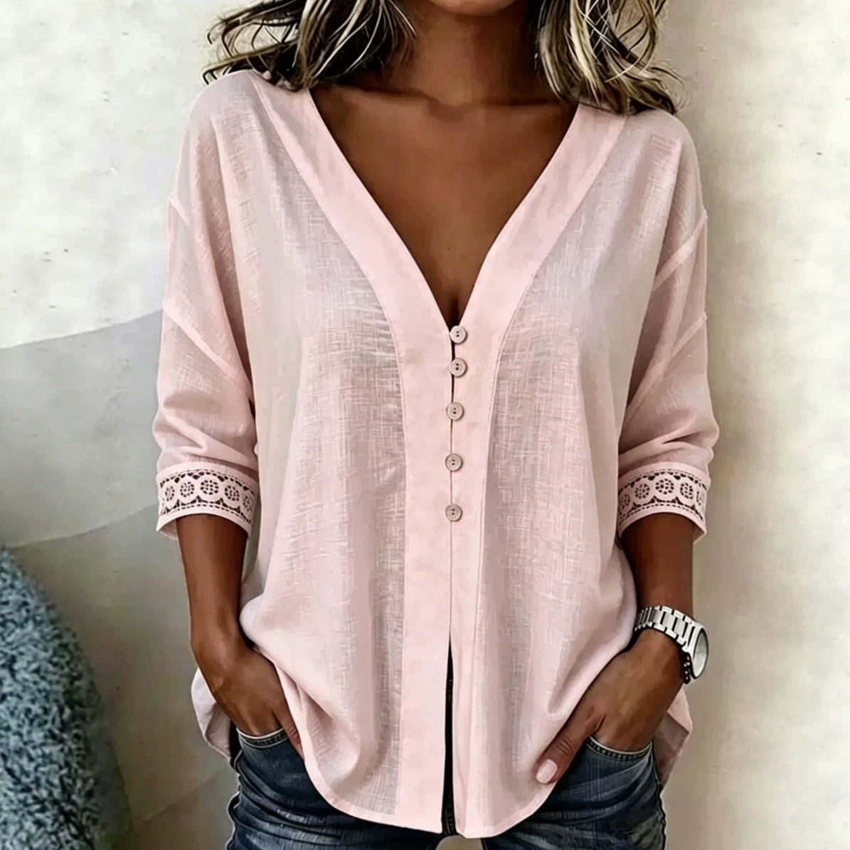 Womens Solid-color Relaxed-fit Comfortable V-neck Blouse