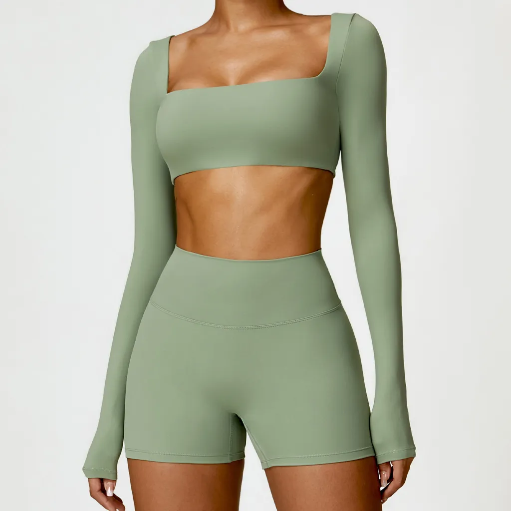 Women's Tight Long Sleeve Yoga Wear Running Workout T-shirt Top - Green