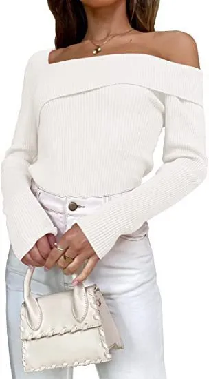 European And American Autumn Leisure Long sleeved Slim Off shoulder Knitted Sweater Pullover Top White - Shop at LoveMi