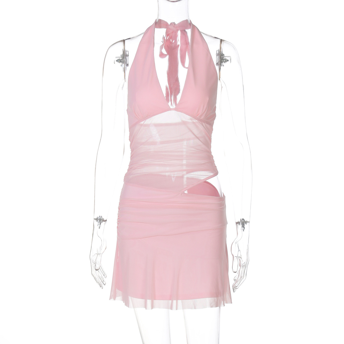 Womens Deep V Cut Spliced Mesh Short Halter Dress Pink - Shop at LoveMi