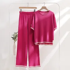 Classic Style Ice Silk Knitting Suit Female Spring And Summer Two-piece Set - Red - View 1