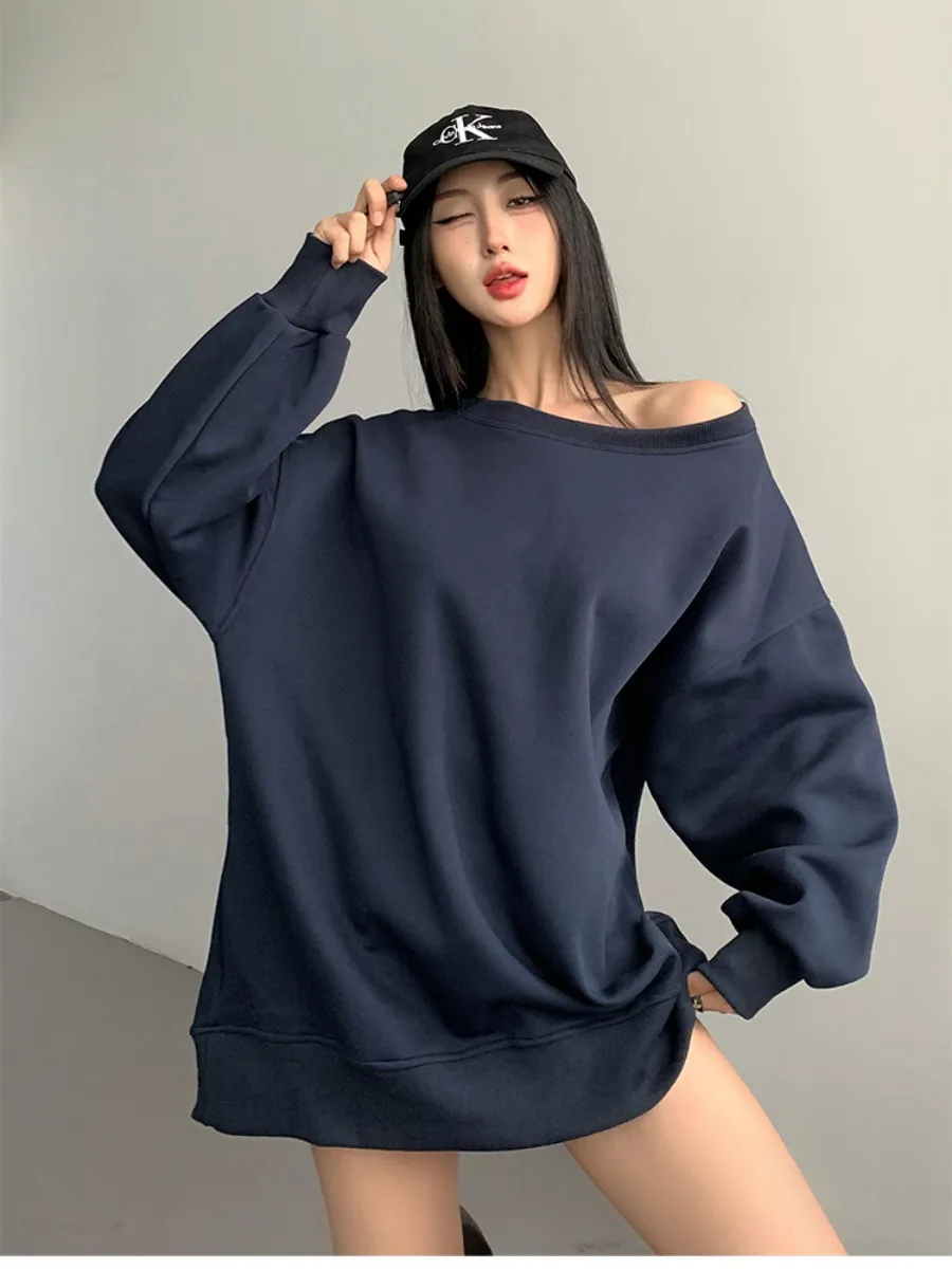 Autumn And Winter American Sweater Women's Design Off-shoulder Loose Casual - Navy Blue