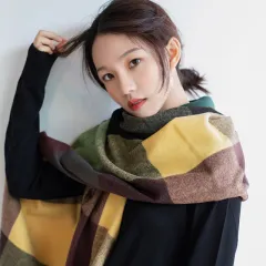 Winter Women's Plaid Scarf Shawl - Yellow And Green Plaids - View 1