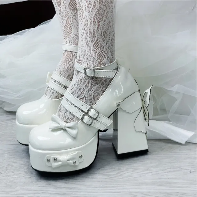 Rivet Bow Round Toe Bright Leather Platform Thick High Heels White - Shop at LoveMi