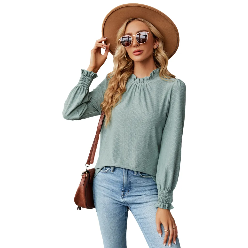 Women's Lace Collar Lantern Sleeve Loose Pleated T-shirt - Bean Green