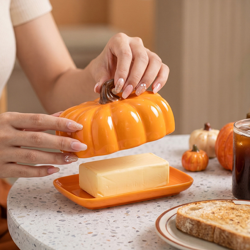 Personalized pumpkin ceramic butter dish (orange)