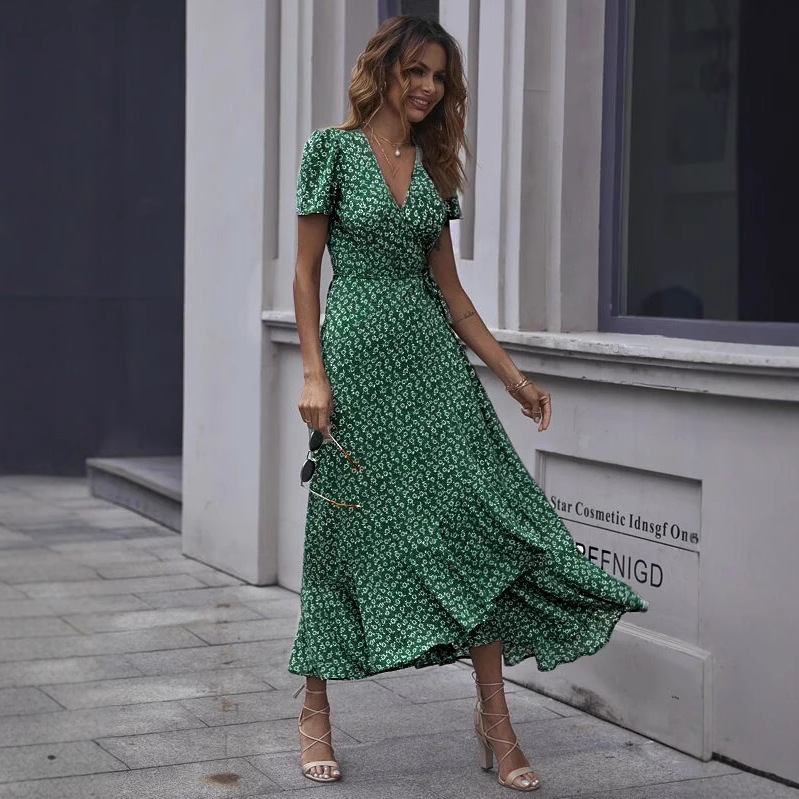 V neck Chiffon Printed Ruffles Tied Dress Green - Shop at LoveMi